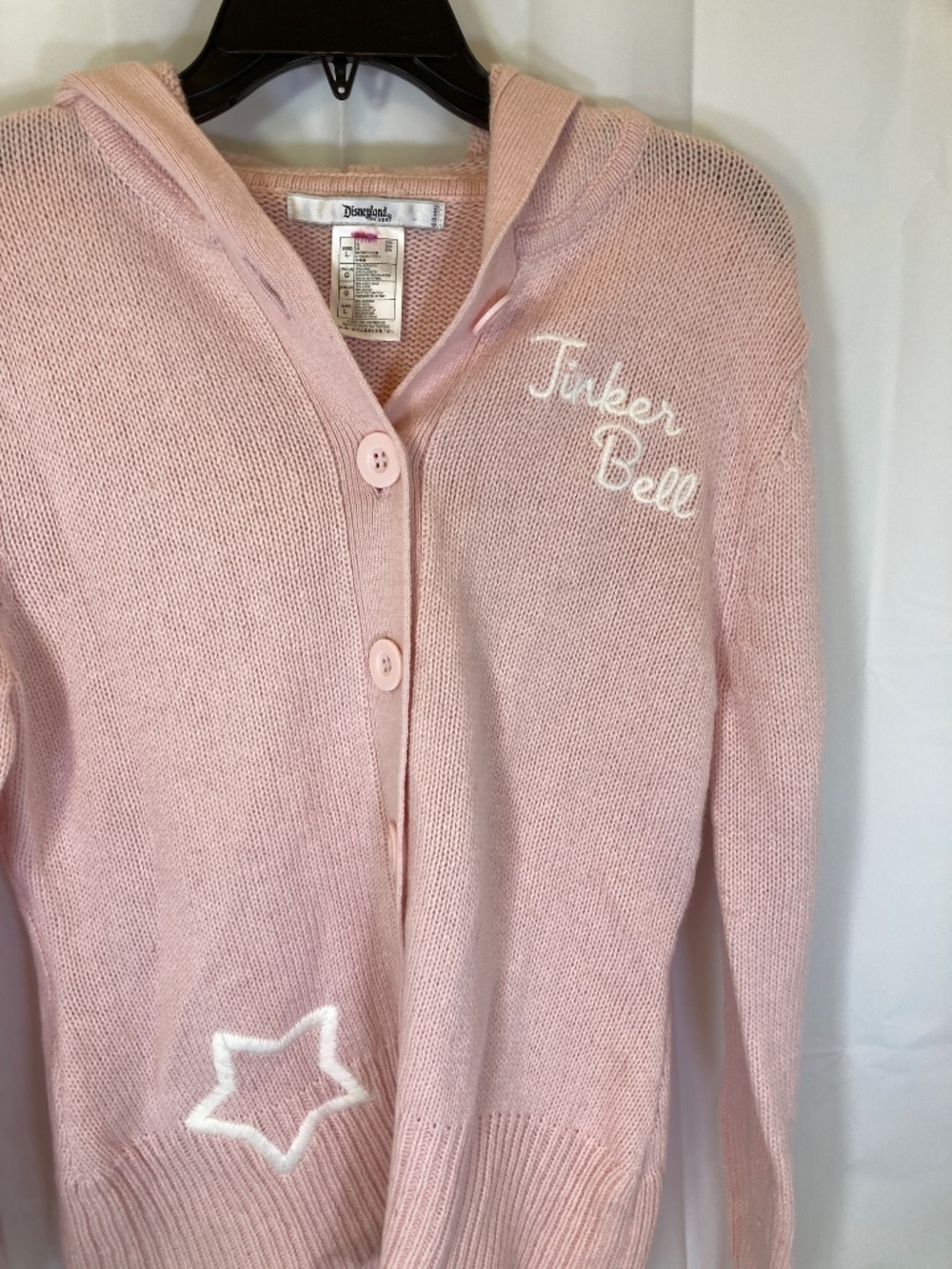 Disney Tinkerbell Pink Cardigan Sweater Sz L Hood Embroidered Accents - Picture 8 of 14